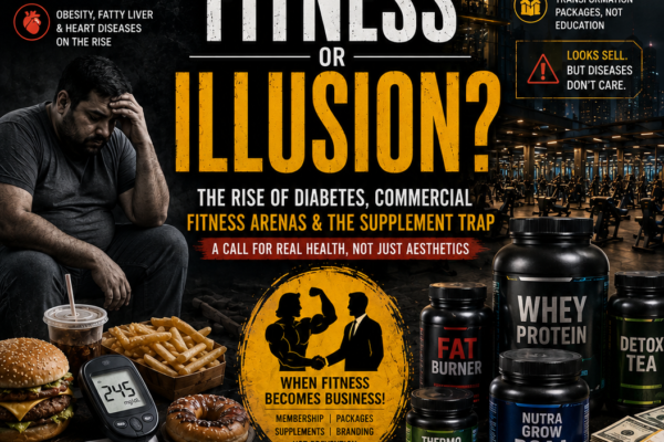 “Pakistan diabetes and commercial fitness industry crisis illustration showing supplements, obesity, and luxury fitness arenas”