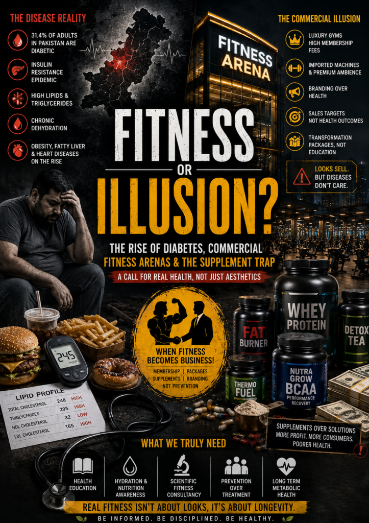 “Pakistan diabetes and commercial fitness industry crisis illustration showing supplements, obesity, and luxury fitness arenas”